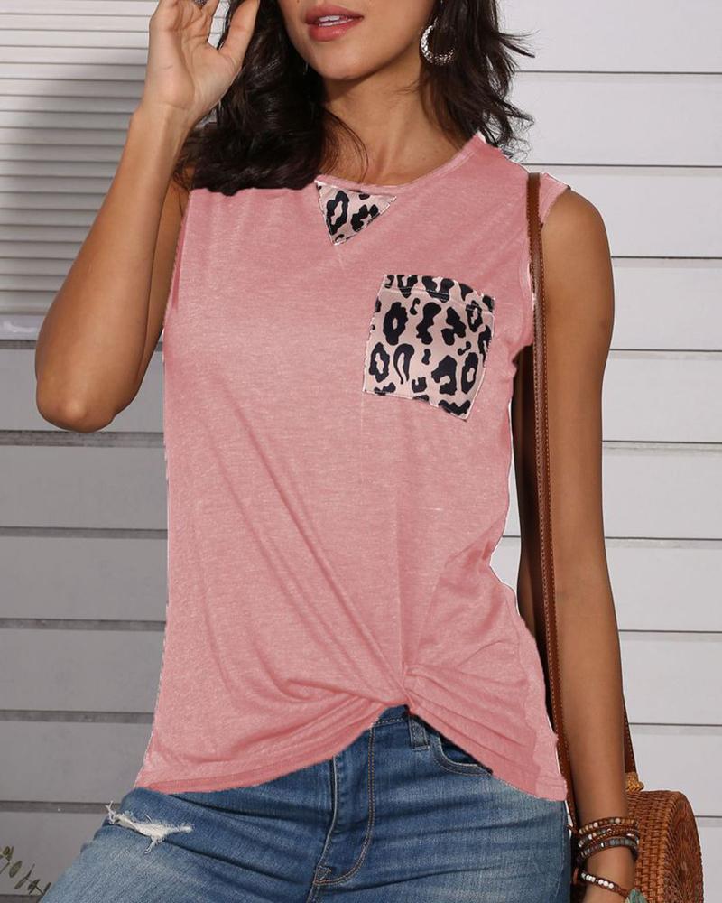 

Leopard Print Pocket Design Tank Top, Pink