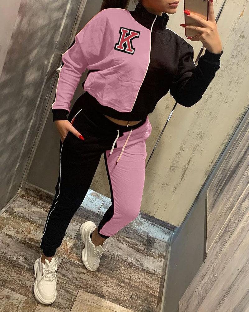 

Colorblock Long Sleeve Top & Drawstring Pants Set, Pink
