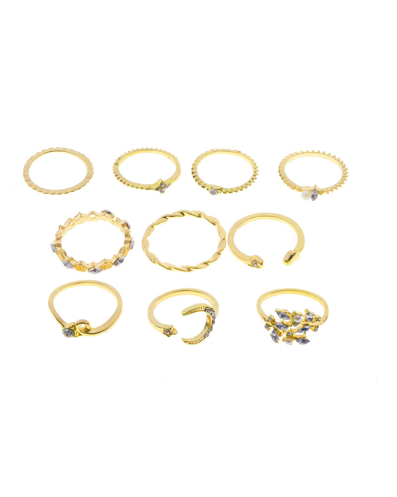 

10PCS/Set Rhinestone Pearls Decor Star Moon Geo Pattern Boho Ring, Gold