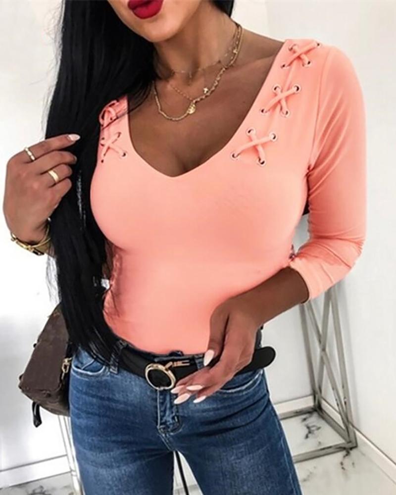 

Solid Eyelet Hollow Out Lace-Up Blouse, Orange