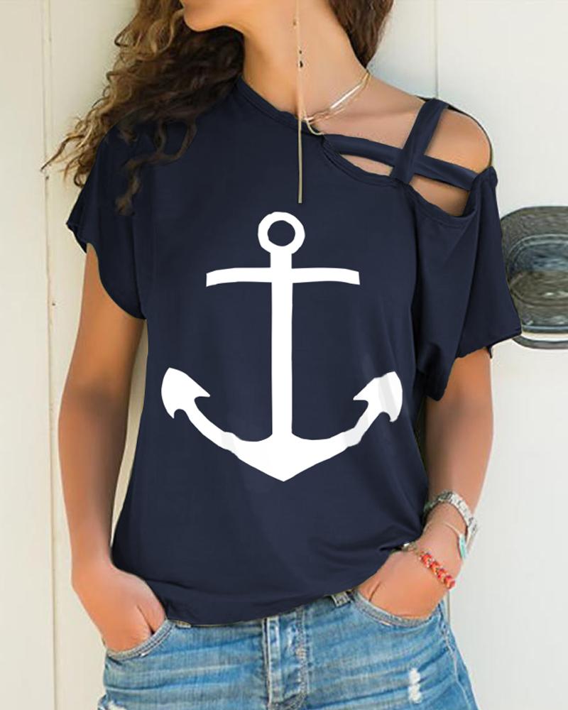 

X-strap Cold Shoulder Boat Anchor Print T-Shirt, Purplish blue