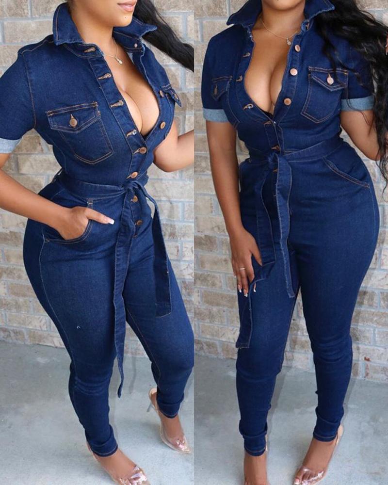

Button Front Pocket Design Short Sleeve Denim Jumpsuit, Blue