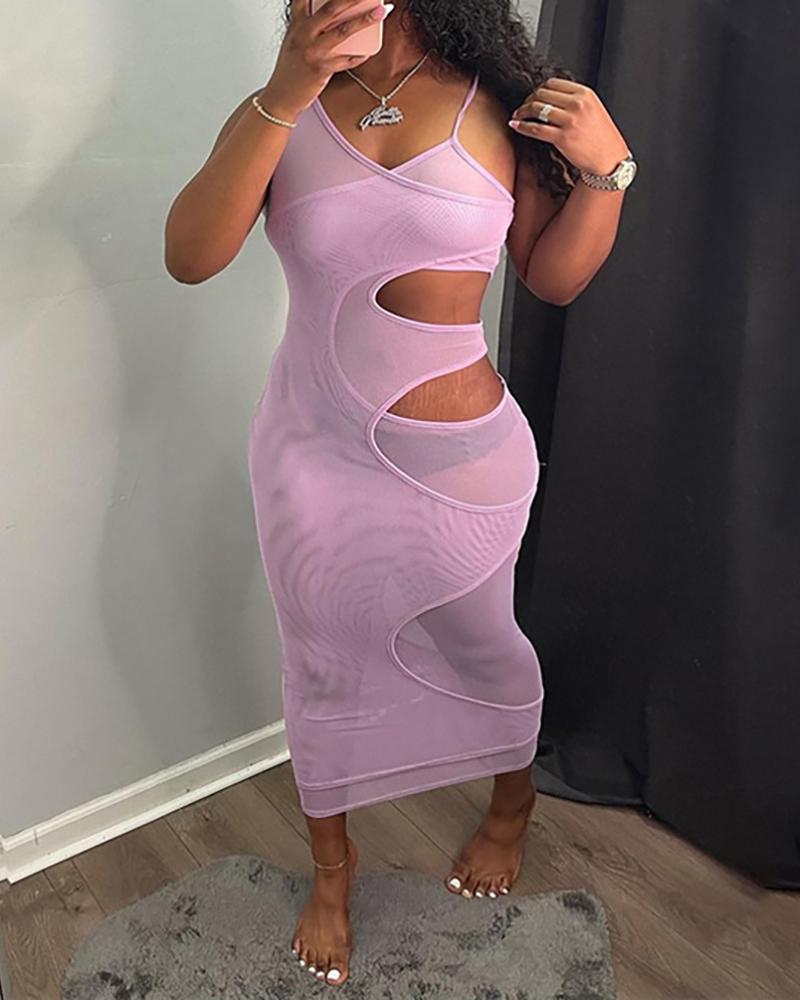 

Fake Two-piece Asymmetrical Neck Cutout Sheer Mesh Maxi Dress, Purple