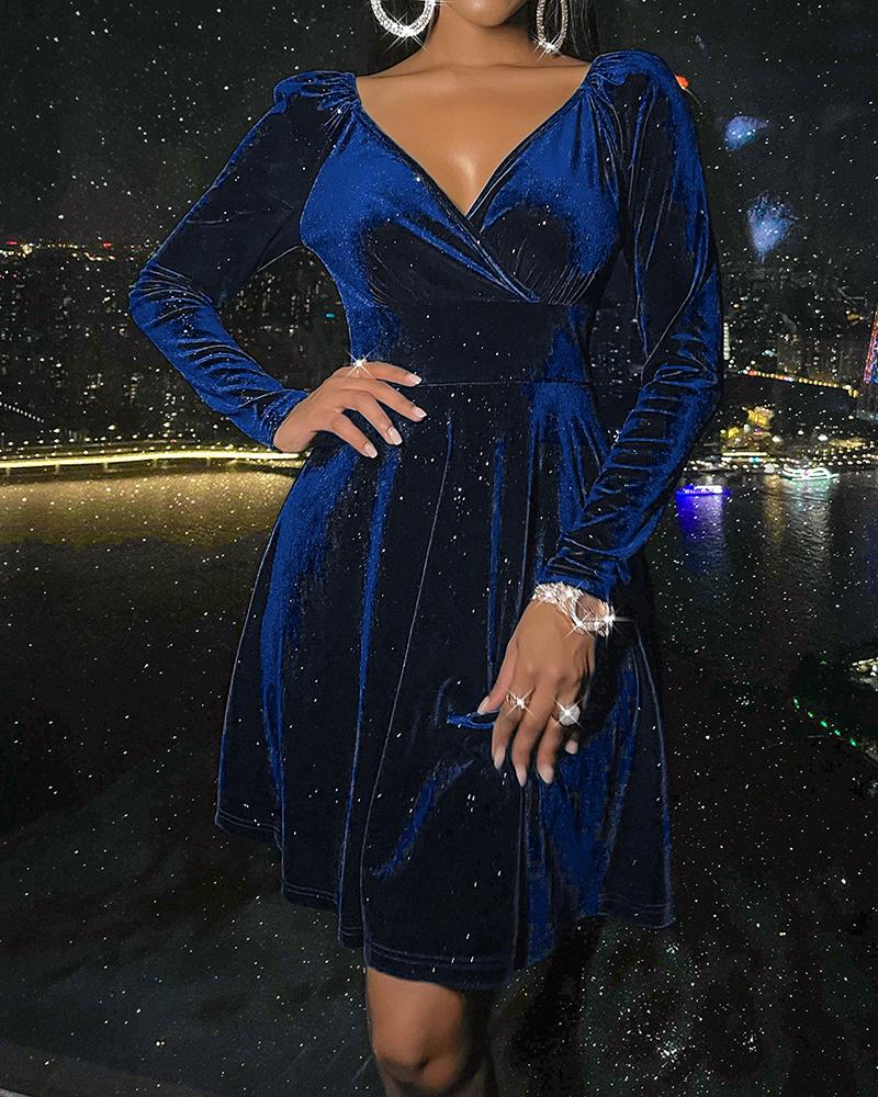 

V-Neck Velvet Long Sleeve Party Dress, Blue