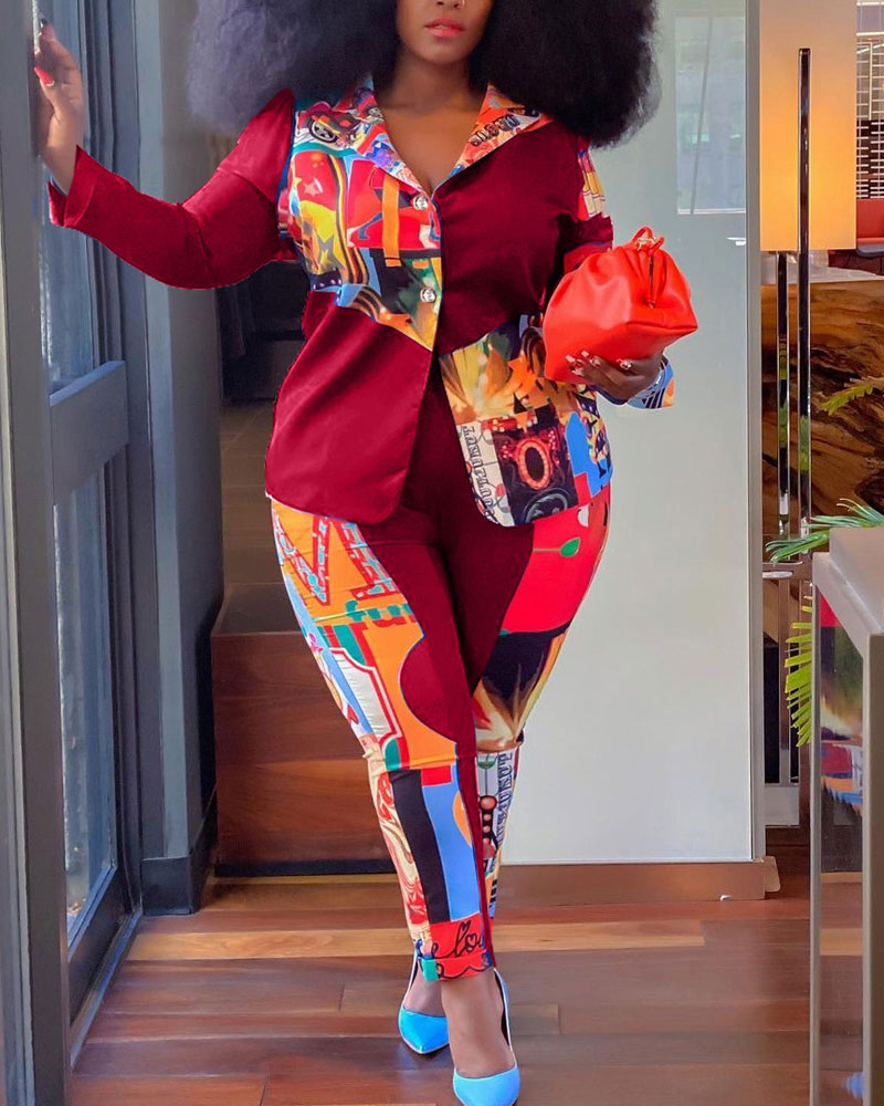

Plus Size Scarf Print Long Sleeve Blazer & Pants Set, Wine red