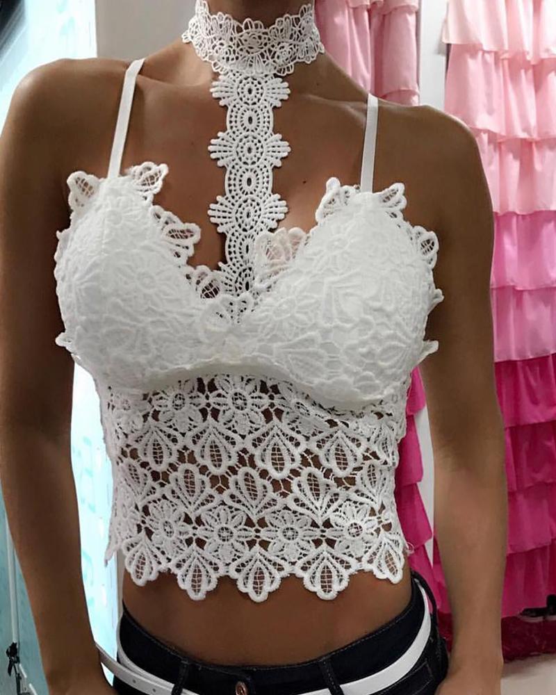 

Choker Neck Lace Trim Padded Cami Top, White