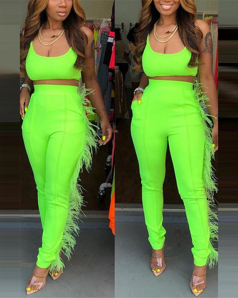 

Plain Crop Tank Top & Feather Trim High Waist Pants Set, Green