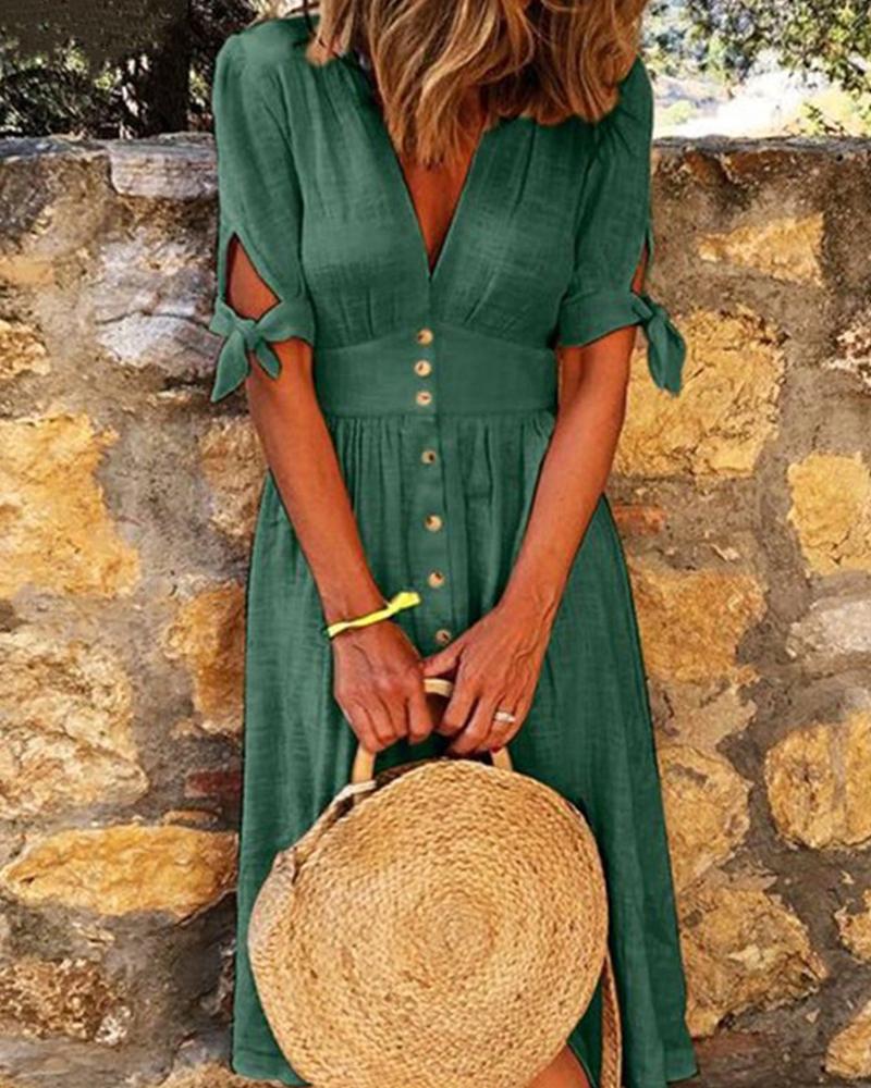 

Cutout Gathered Waist Short Sleeve Buttoned Dress, Green
