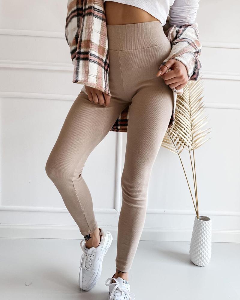 

Ribbed High Waist Basic Skinny Pants, Apricot