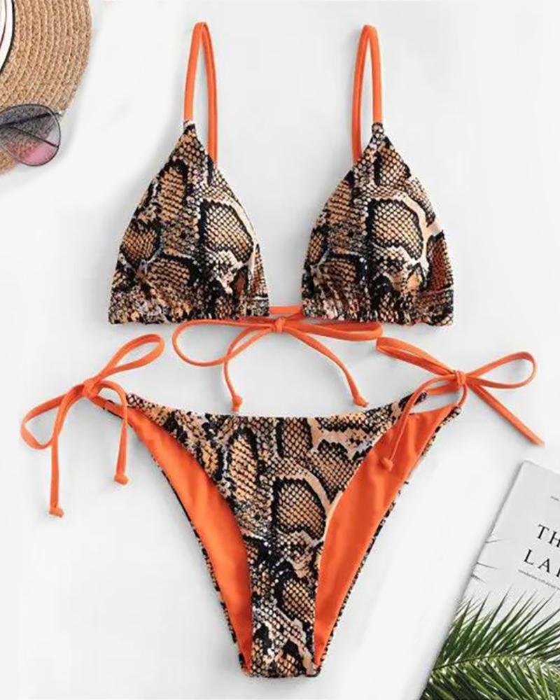 

Cheetah / Snakeskin Print Colorblock Padded Bikini Set, Orange