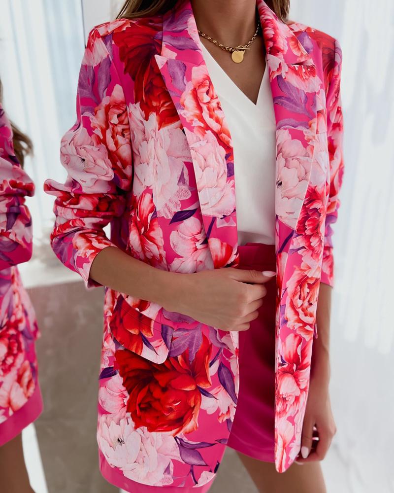 

Floral Print Long Sleeve Blazer Coat, Hot pink