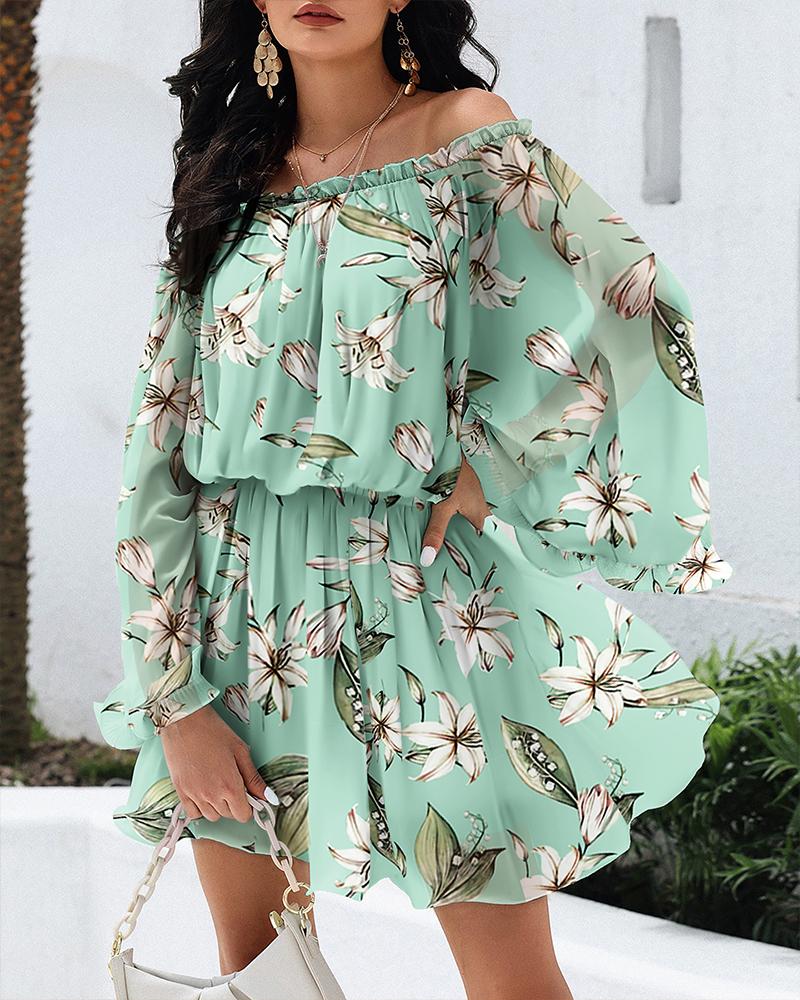 

Floral Print Off Shoulder Ruched Bell Sleeve Casual Dress, Green