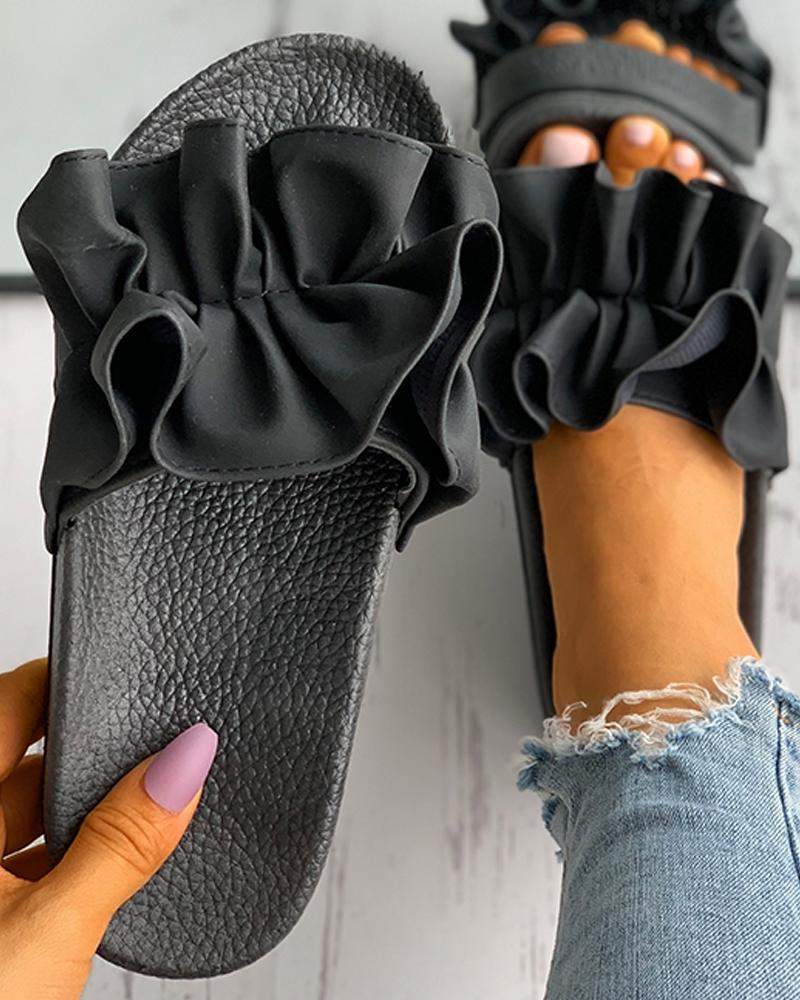 

Ruched Open Toe Casual Slippers, Black