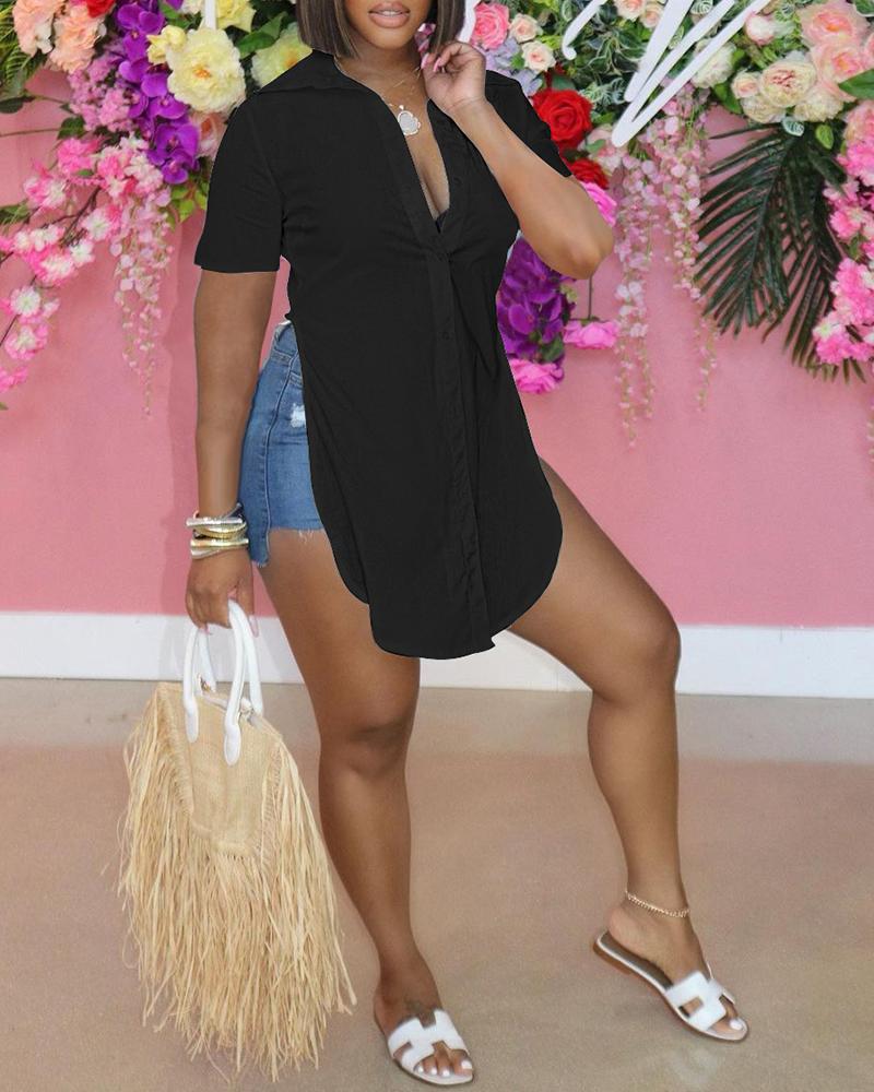 

Short Sleeve Button Design High Slit Shirt, Black