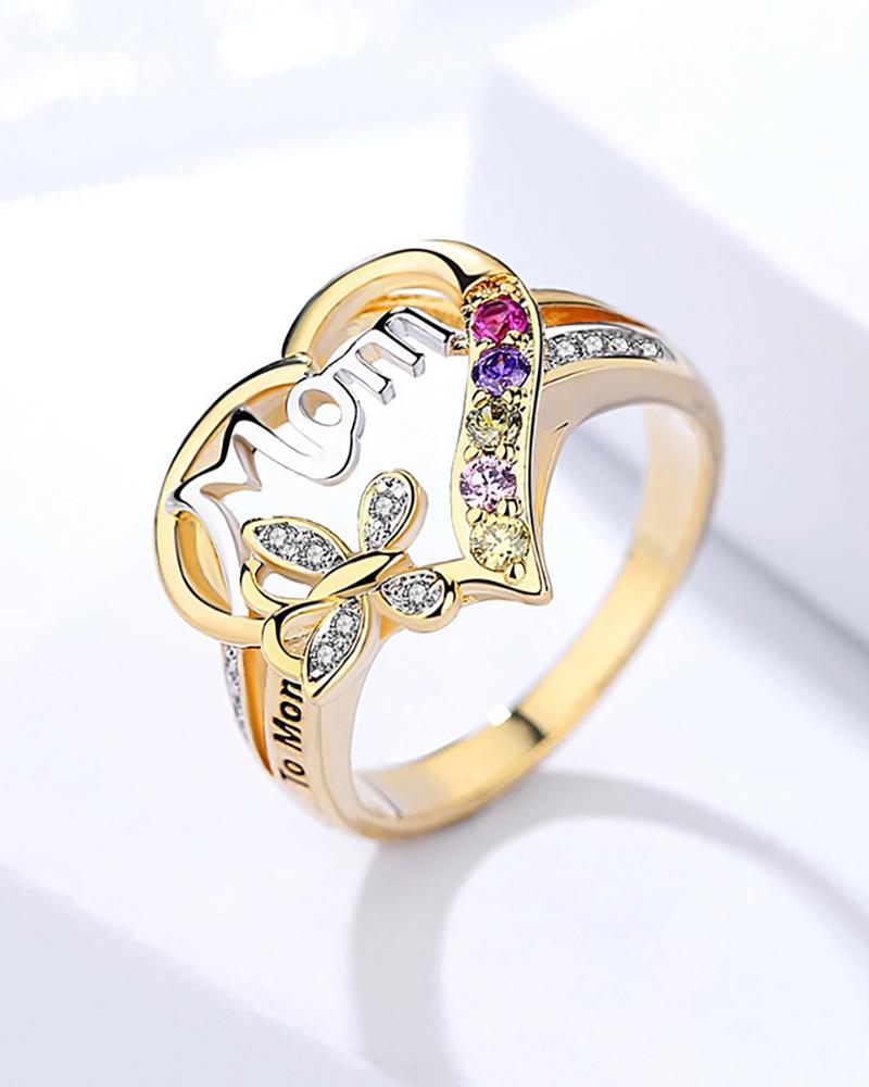 

1PCS Mother's Day Heart Shaped Butterfly Studded Ring, Gold