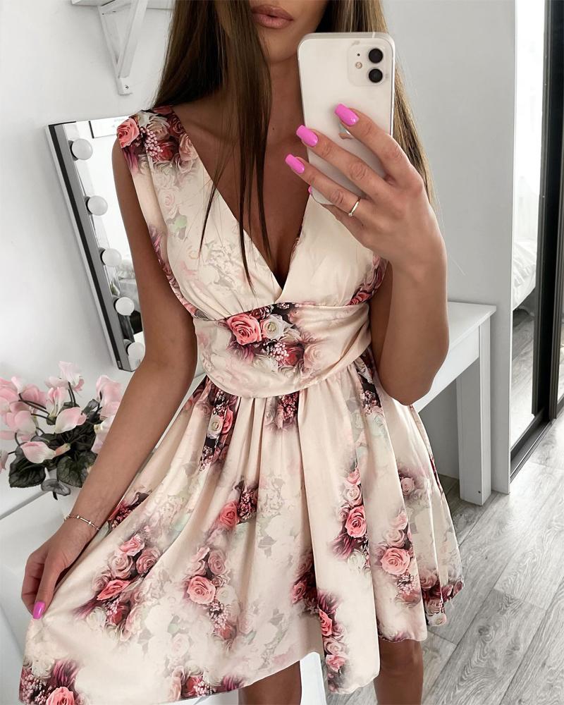 

Floral Print Deep V-Neck Sleeveless Corset Dress, Khaki
