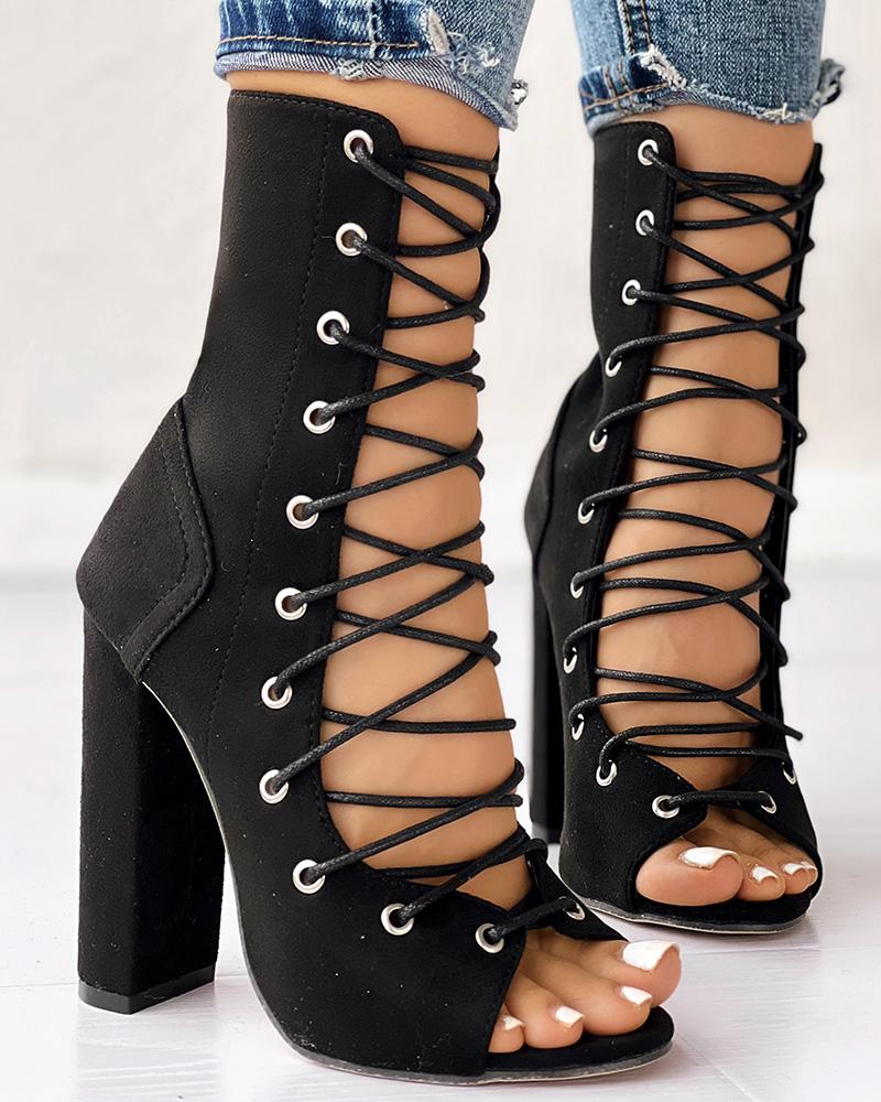 

Lace-up Peep Toe Chunky Heeled Sandals, Black