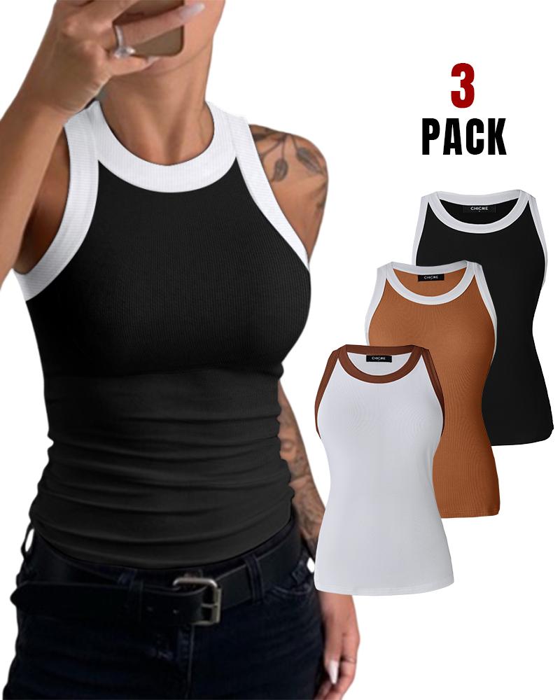 

3-Pack Contrast Binding Basic Slim Knit Ribbed Racerback Tank Top, Style6