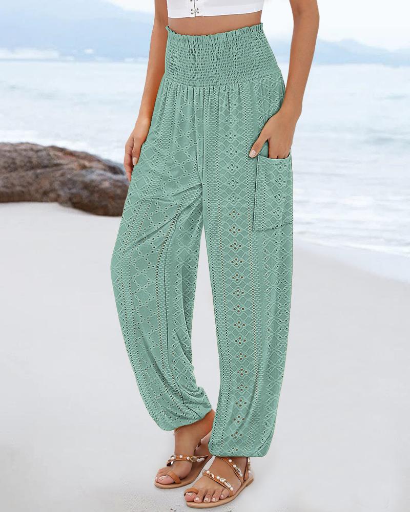 

Pantalon long taille haute froncé ajouré avec ourlet cintré et poche pour les vacances, Green