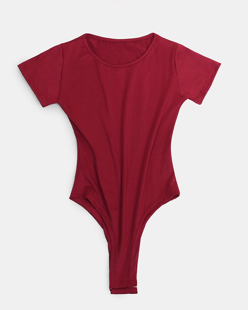 

Plain Short Sleeve Skinny Bodysuit, Wine red