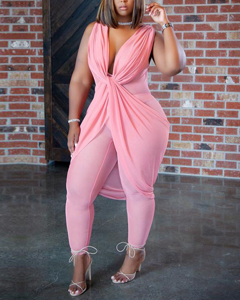 

Plus Size Plunging Neck Twist Design Sheer Mesh Jumpsuit, Pink