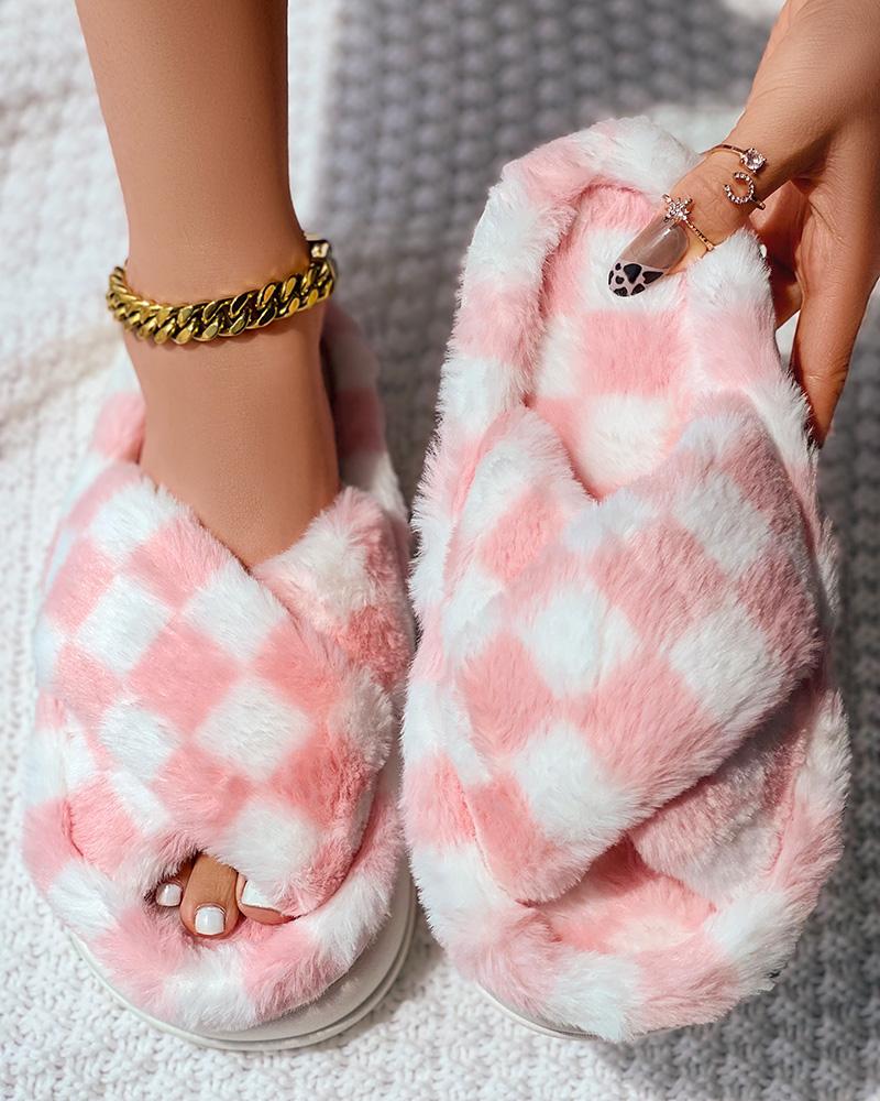 

Plaid Cross Strap Platform Fluffy Slippers, Pink