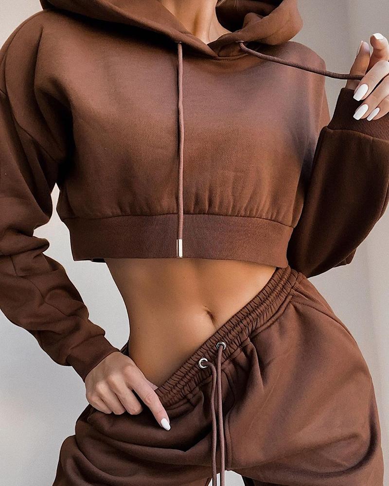 

Solid Hooded Drawstring Top & High Waist Pants Set, Brown
