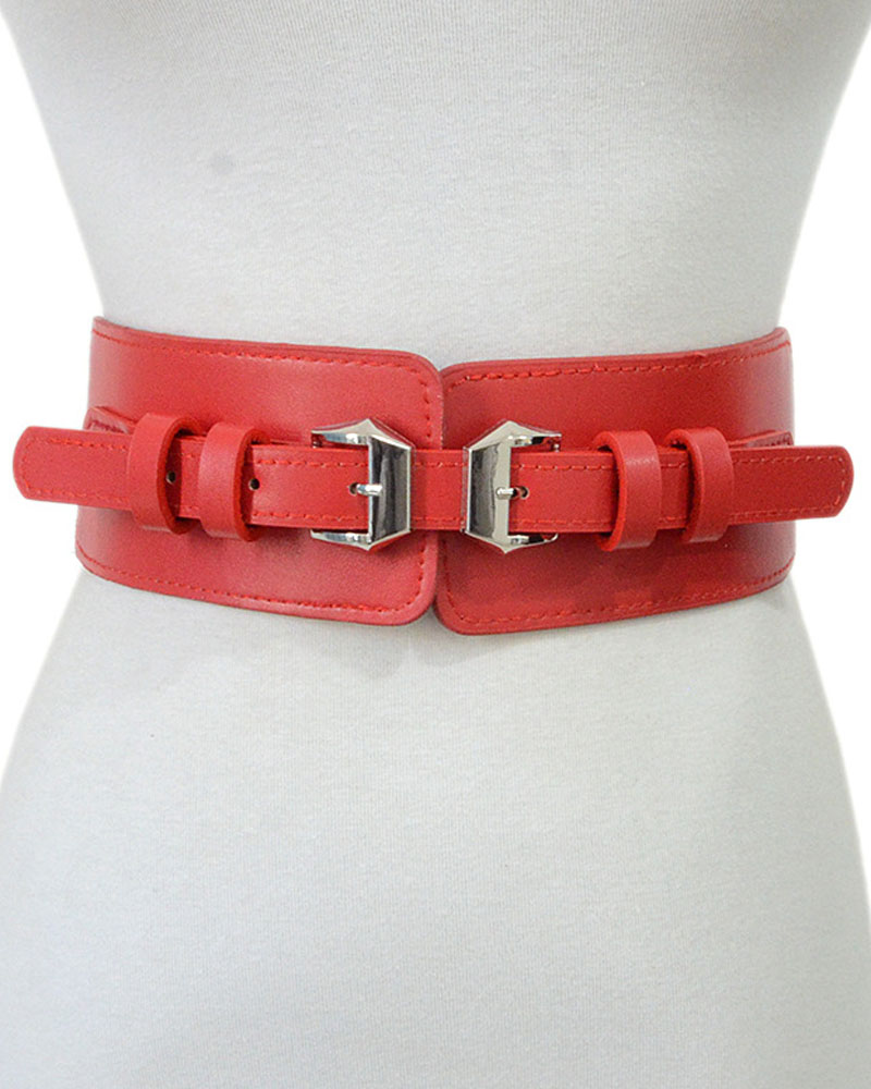 

1pc Metal Buckle Elastic Wide Belt, Red