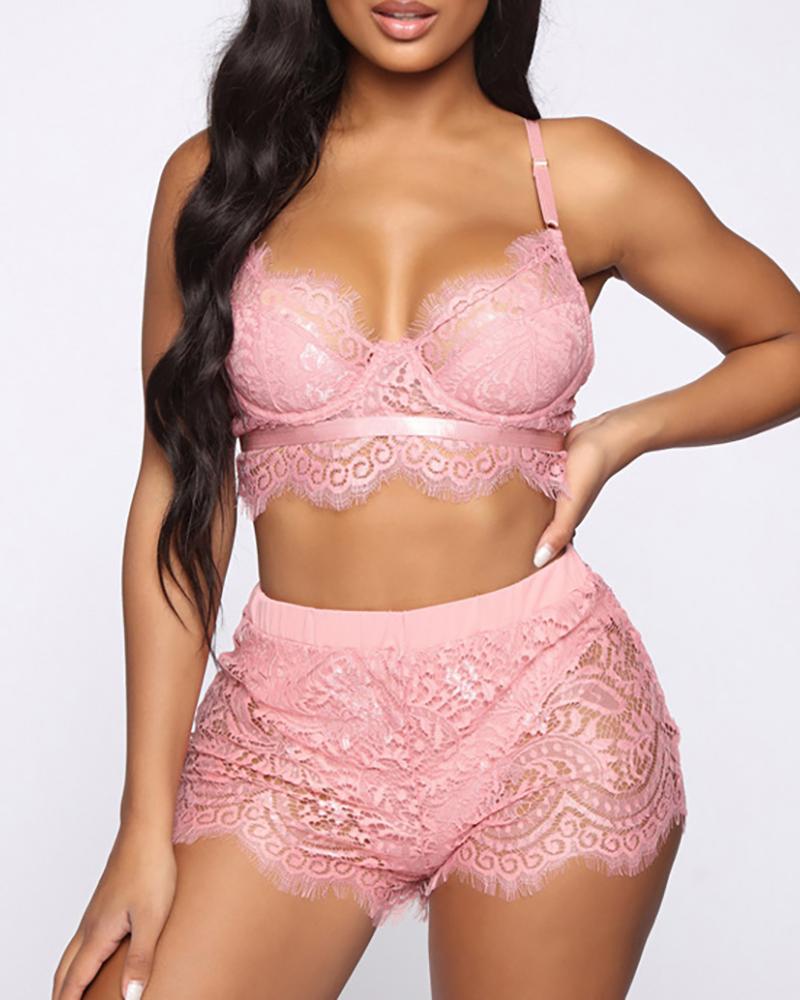 

Eyelash Lace Spaghetti Strap Cami Set, Pink