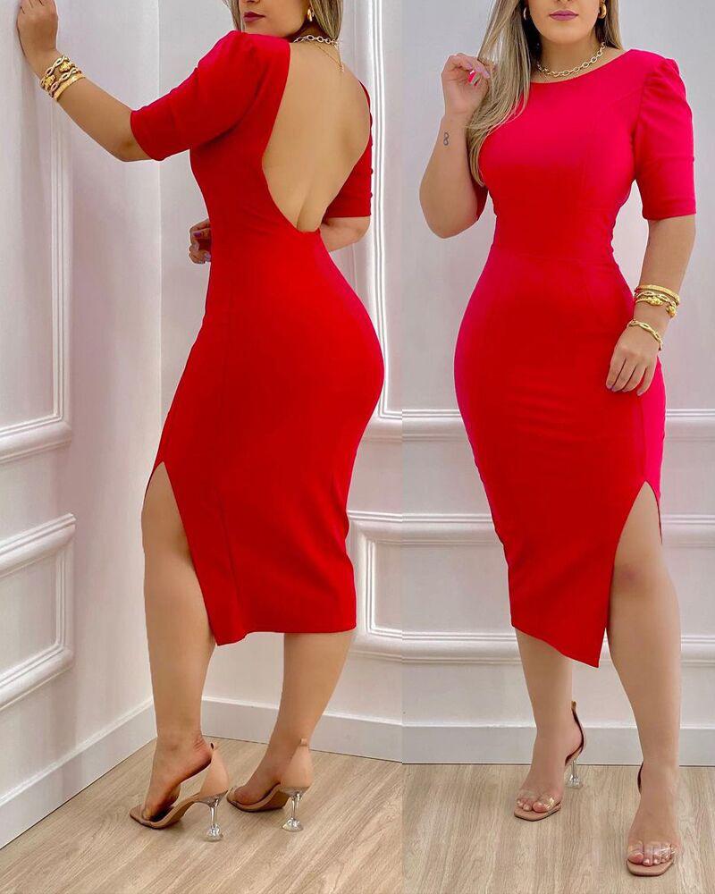 

Backless Split Thigh Bodycon Dress, Red