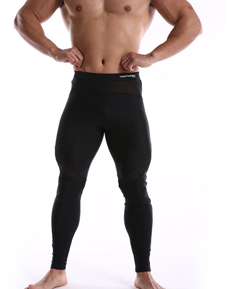 

Solid Color Splicing Mesh Skinny Sport Pants, Black