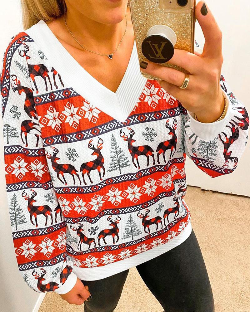 

Christmas Lantern Sleeve Deer Snowflake Plant Print Top, Red