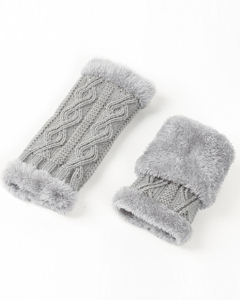 

1Pair Warm Fleece Lined Knit Fingerless Gloves, Light gray