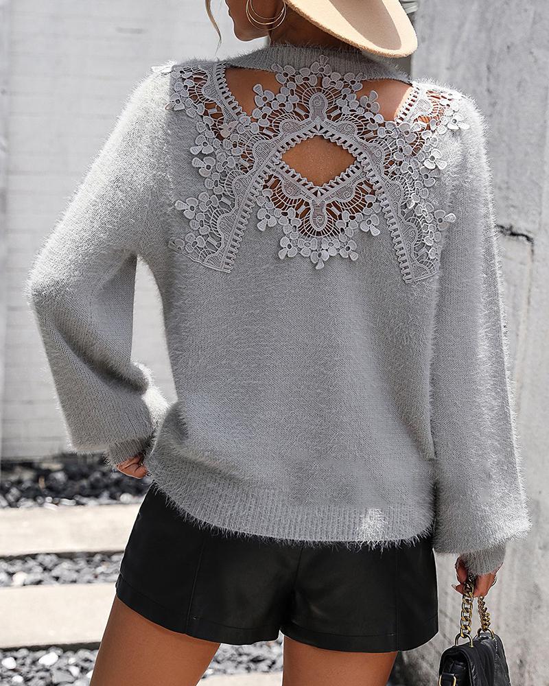 

Round Neck Cutout Crochet Lace Knit Sweater, Gray