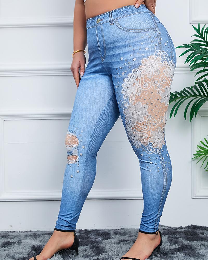 

Plus Size Women's Faux Denim Printed Contrast Lace Leggings, Blue