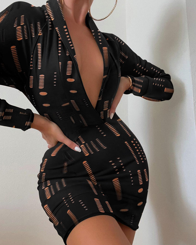 

Long Sleeve Plunging Neck Hollow Out Bodycon Dress, Black