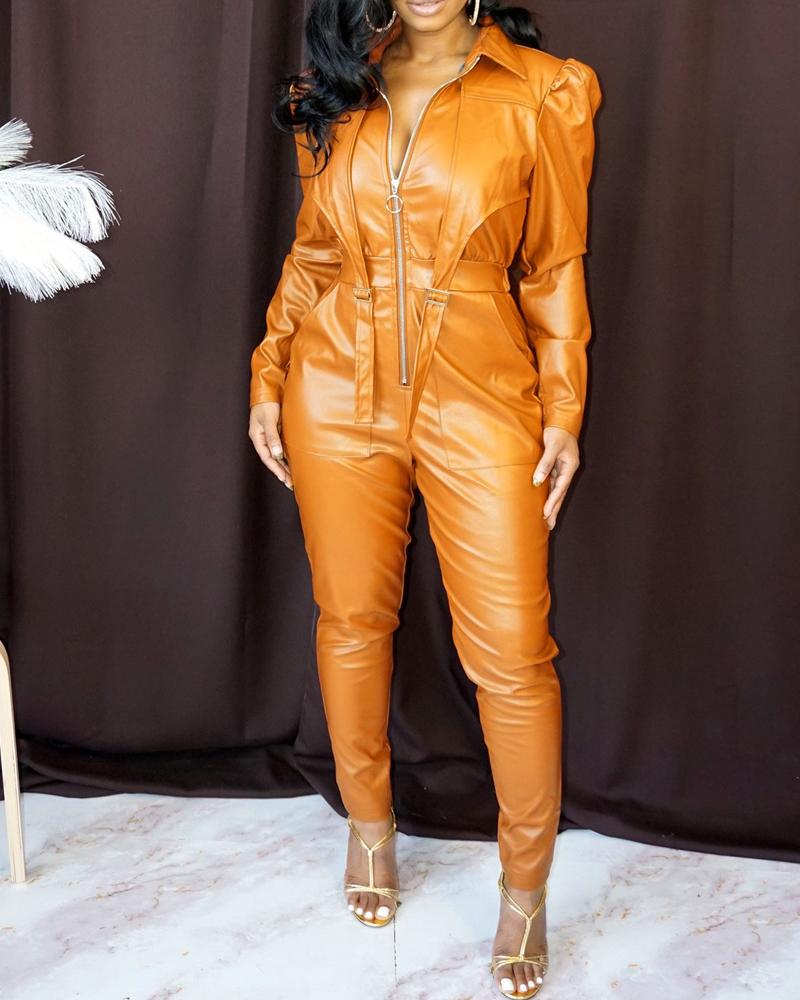 

Puff Sleeve Zip Front PU Leather Jumpsuit, Orange