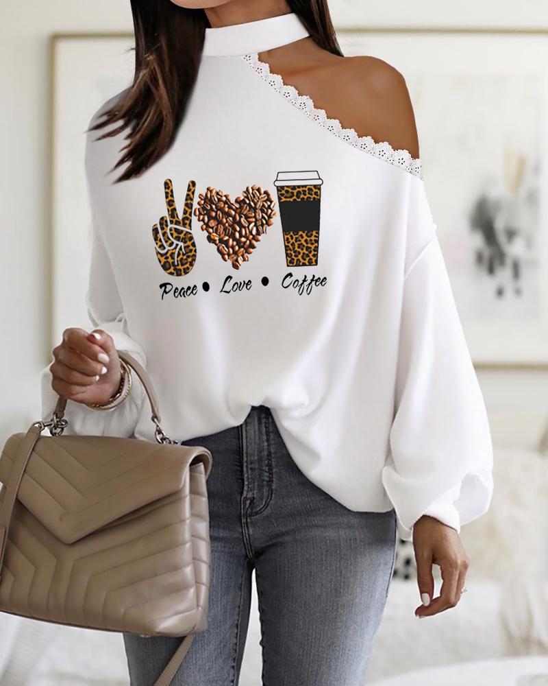 

Heart Letter Slogan Print Contrast Lace Lantern Sleeve Top, White