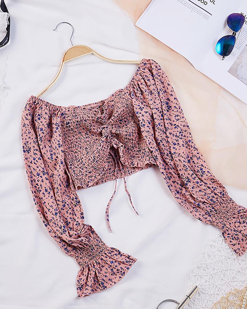 

Ditsy Floral Print Drawstring Bell Sleeve Crop Top, Khaki
