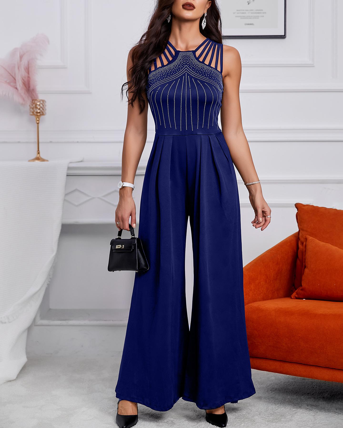 

Studded Cutout Ruched Wide Leg Jumpsuit, Blue