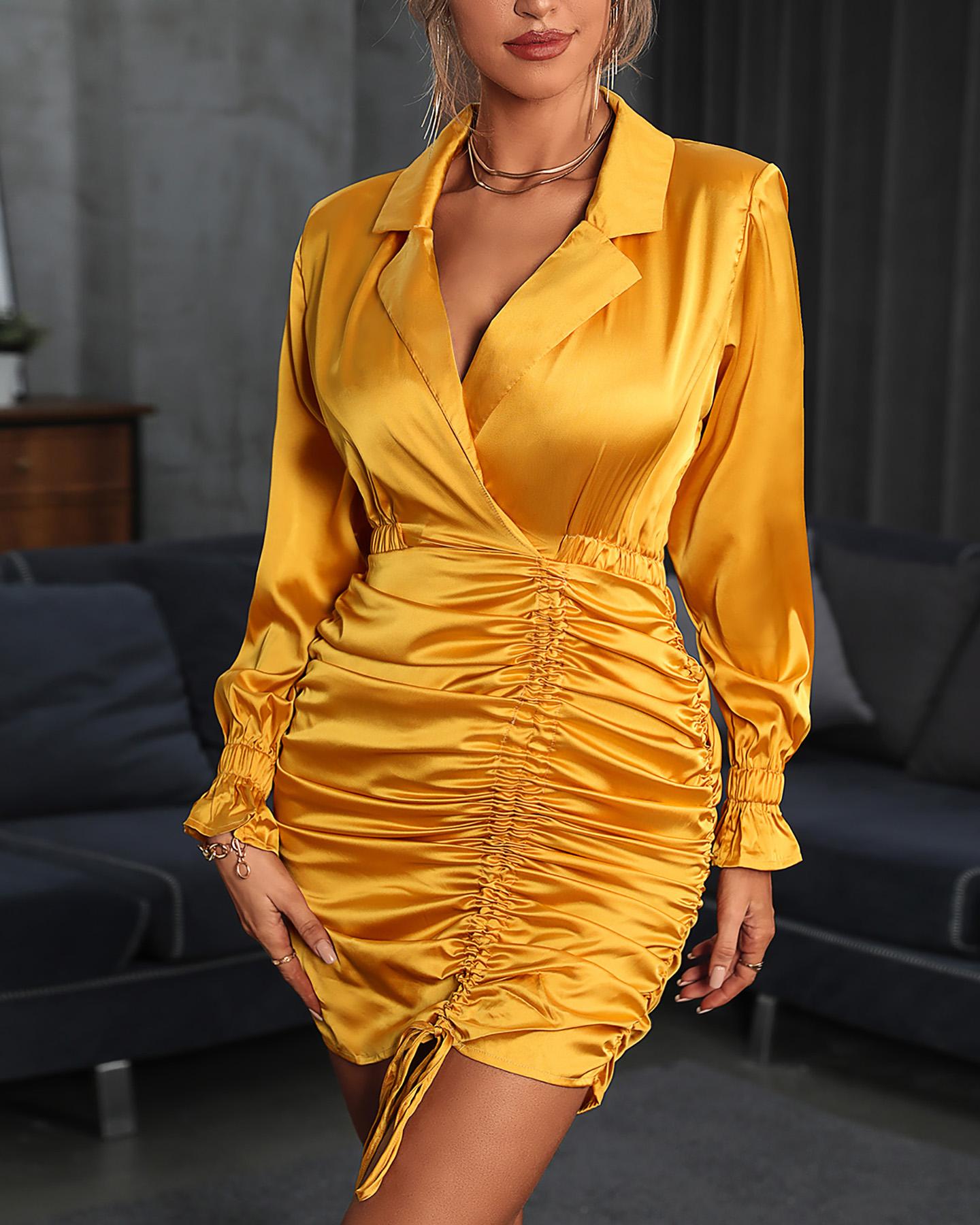 

Ruched Drawstring Bell Sleeve Bodycon Dress, Yellow