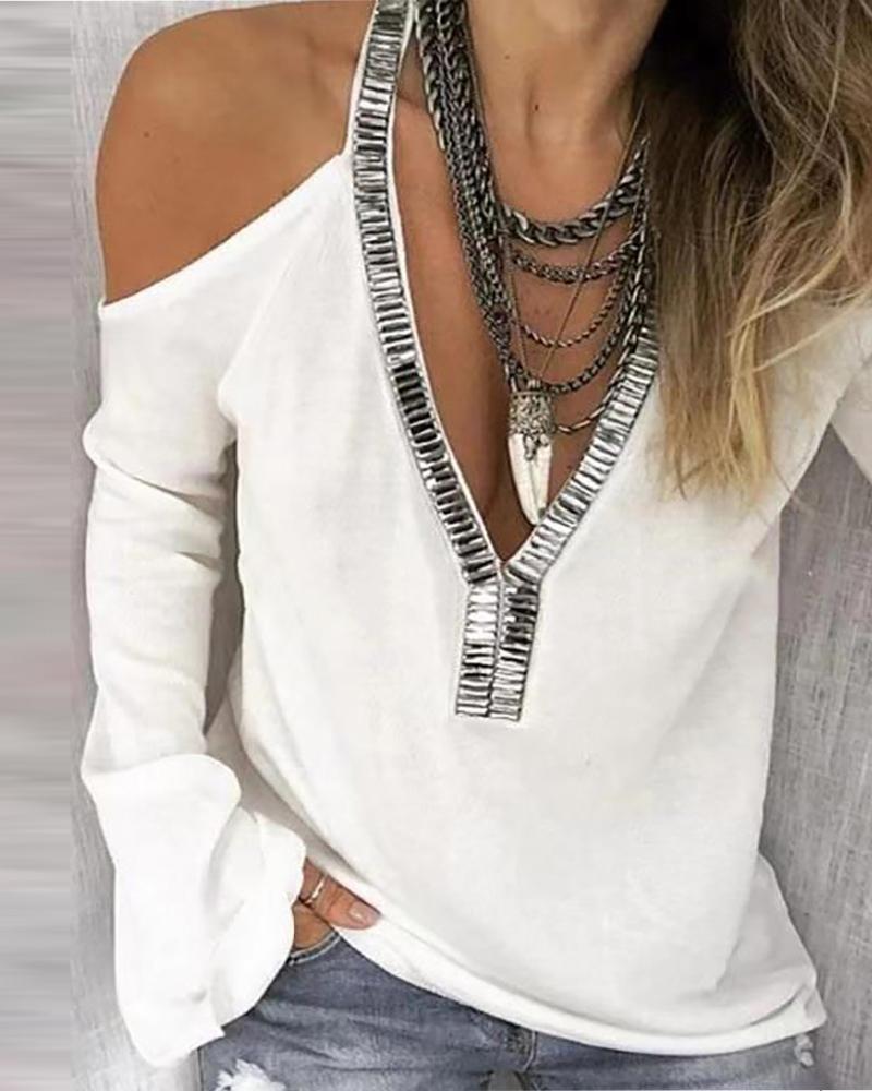 

Cold Shoulder Contrast Sequin Top, White