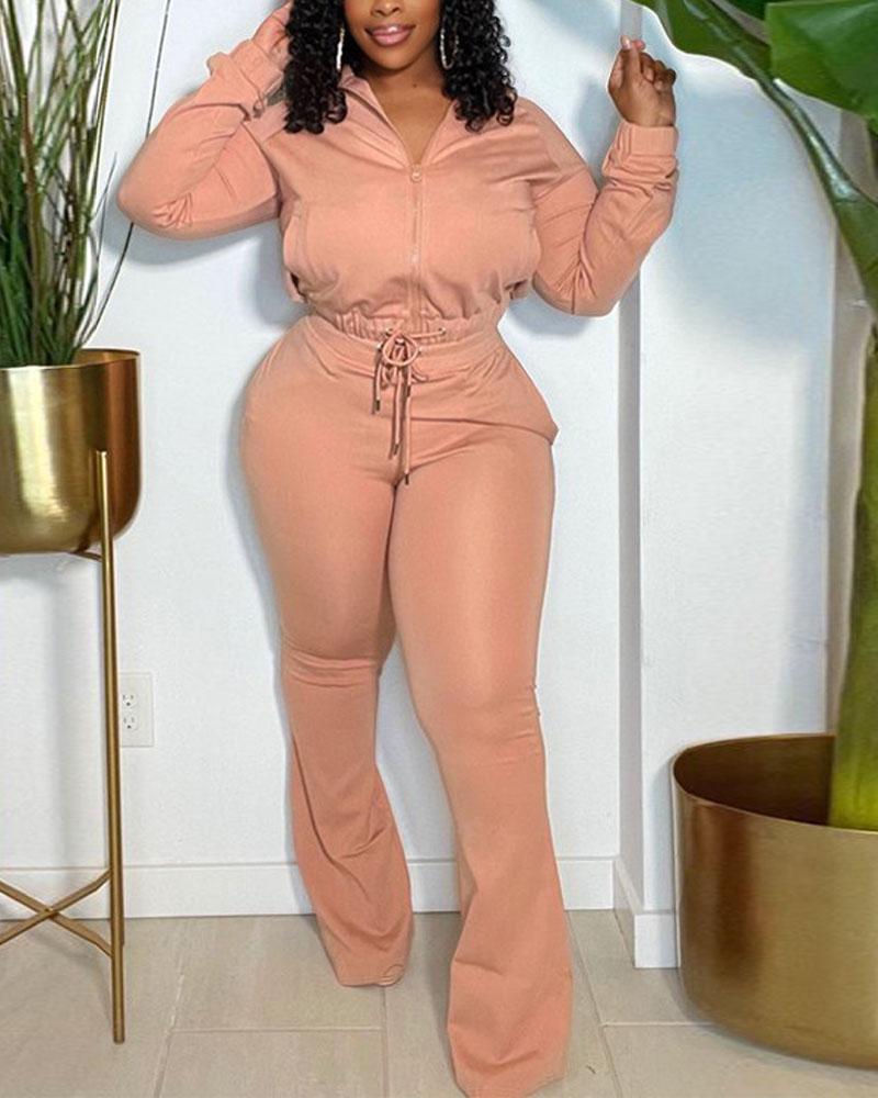 

Drawstring Zip Up Crop Top & Bootcut Pants Set, Pink