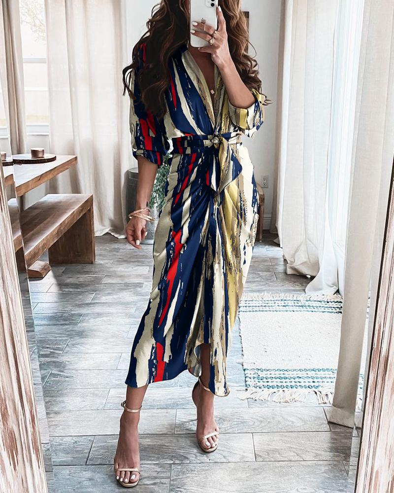 

Long Sleeve Colorful Stripe Slit Shirt Dress, Multicolor