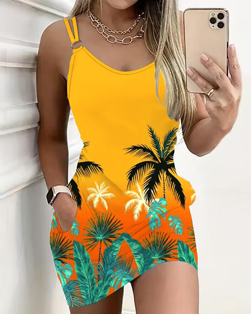 

Vestido casual con cuello en V y estampado tropical degradado, Orange