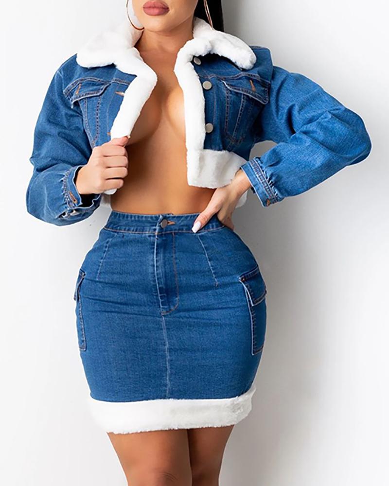 

Fluffy Denim Long Sleeve Coat & High Waist Skirt Set, White
