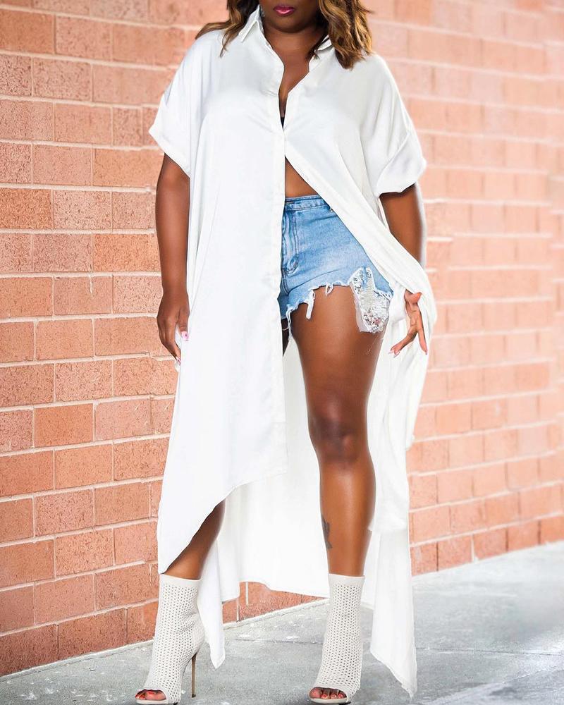 

Buttoned Short Sleeve Longline Top, White