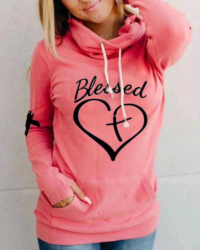 

Letter Heart Print Hooded Long Sleeve Sweatshirt, Pink