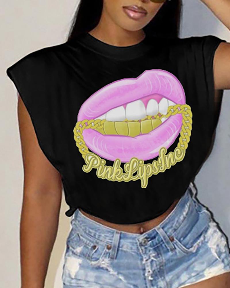 

Lip Print Cap Sleeve T-shirt, Black