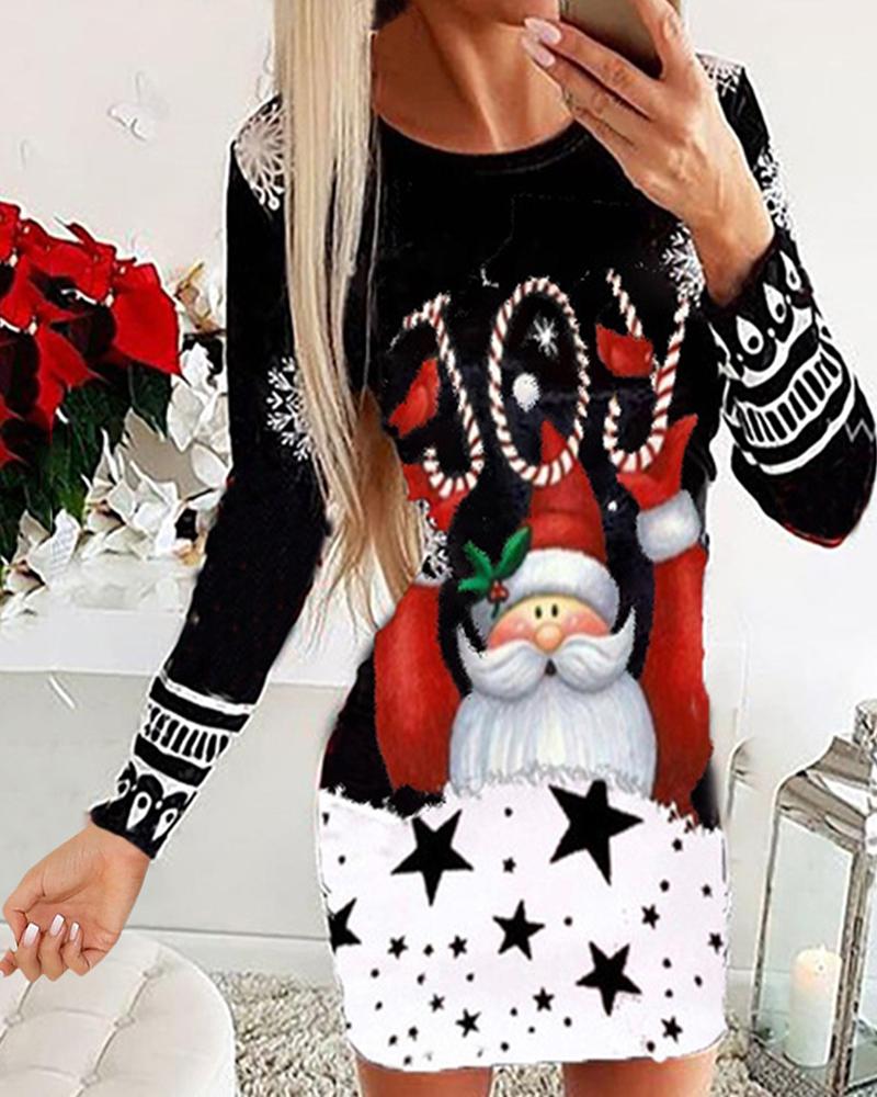 

Christmas Graphic Cartoon Print Long Sleeve Bodycon Dress Casual Round Neck Skinny Mini Dress, Style1